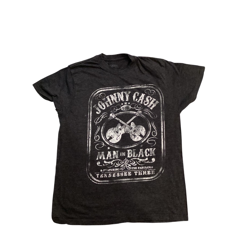Johnny Cash Man in Black Graphic T-Shirt Mens Large‎ Charcoal Gray Rock Band Tee
